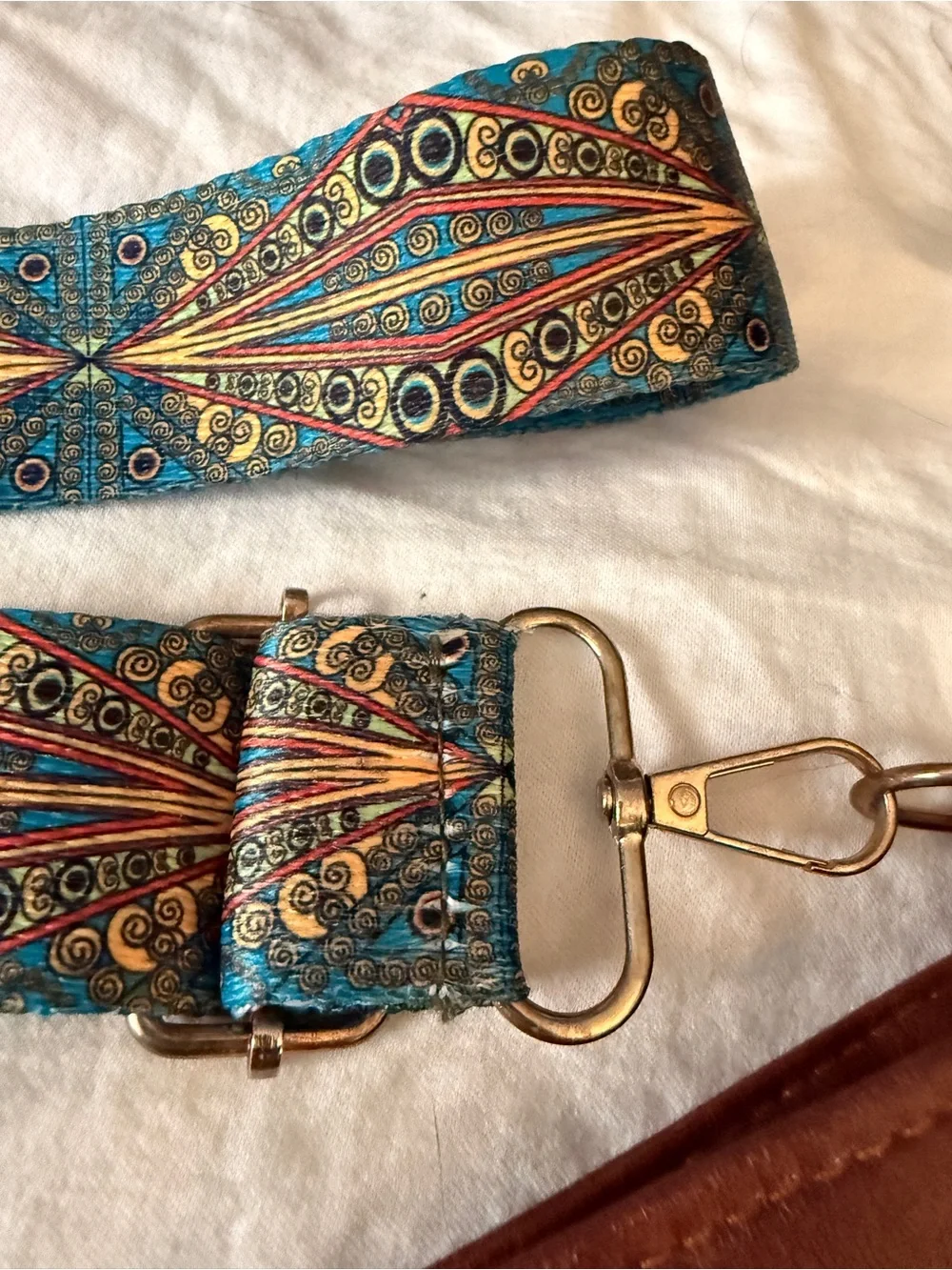 Brown Vegan Leather Crossbody Bag with Vibrant Patterned Strap